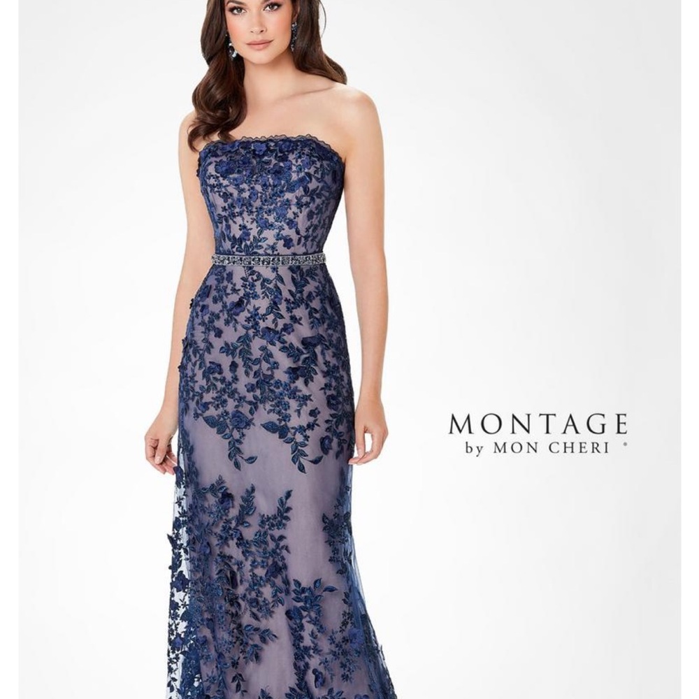 Montage by Mon Cheri Strapless Blue Floral Gown